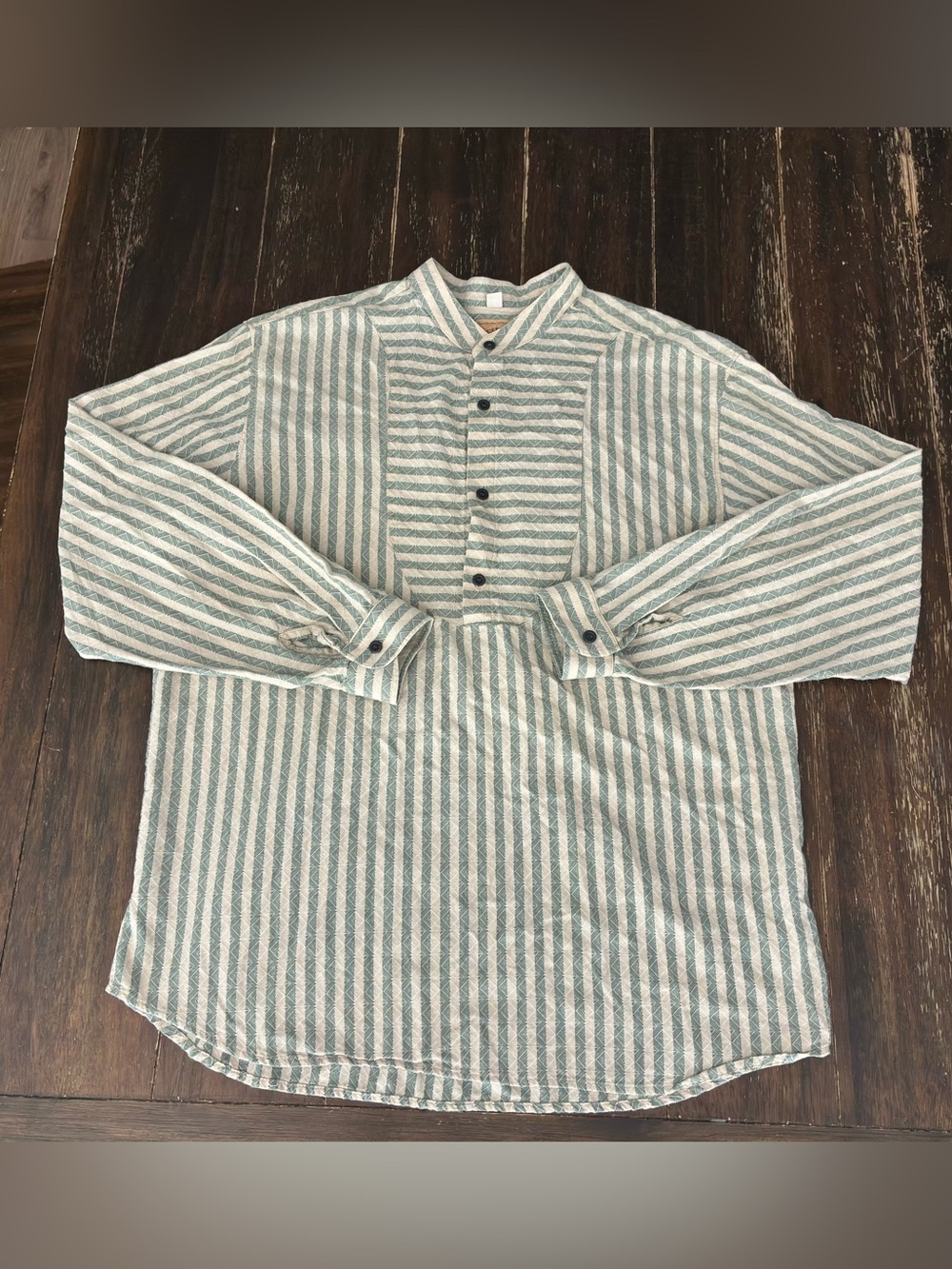 Wah Maker Frontier Clothing Bib Shirt Sage Green/Cream Dobby Striped XL 1800s